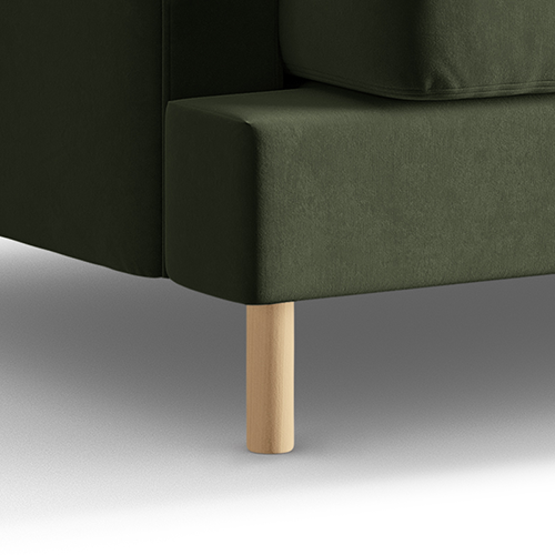 Zvýšená konštrukcia na zaoblených nohách z prírodného dreva vytvára efekt vznášania sa